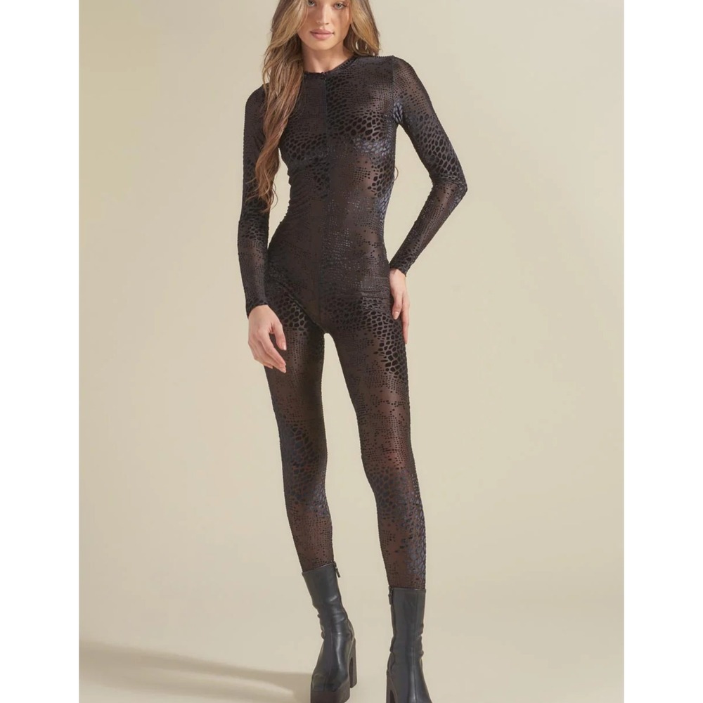 NEW SpiritHoods Full Bodysuit Black Snakeskin Sheer Velvet Burnout Size Small